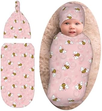 Sozzjile Cute Bee Swaddle Blanket Beanie Set for Newborn