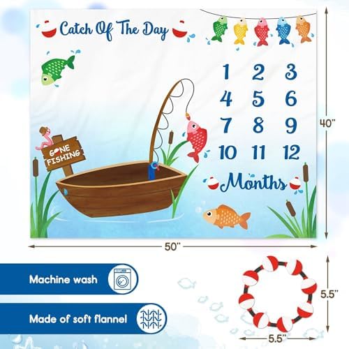 Gone Fishing Baby Monthly Milestone Blanket with Felt Bobber Wreath