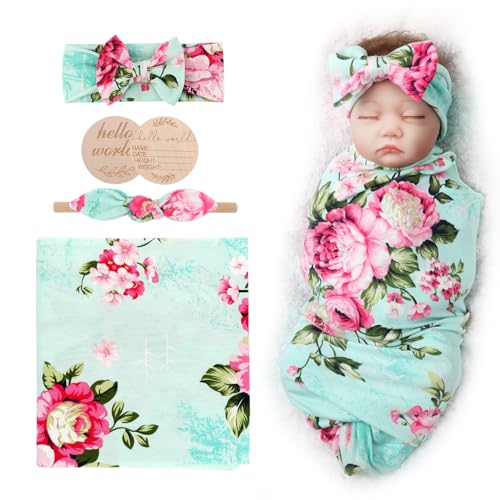 AQOKKA Newborn Swaddle Blanket with Bow Hat and Headband Set