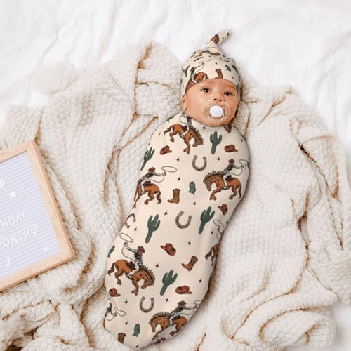 Sozzjile Western Baby Swaddle Blanket with Beanie Set