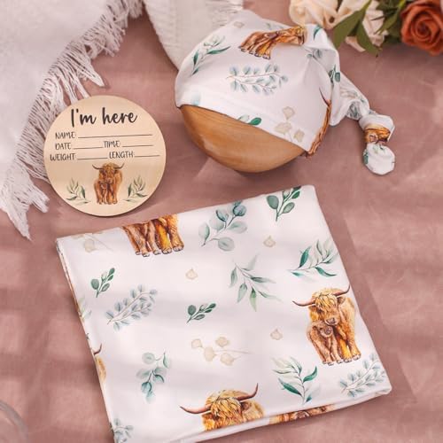 Ylsteed Baby Highland Cow Swaddle Blanket Set