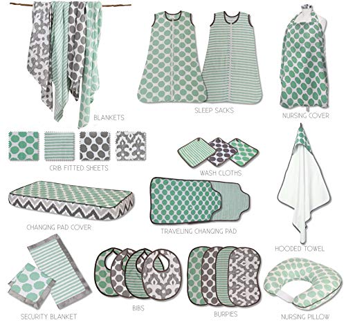 Bacati Ikat Mint Grey Dots Stripes Swaddling Muslin Set of 4