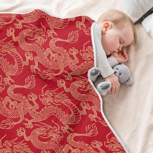 KJIZMO Cotton Baby Blanket with Golden Dragon Print 30x40