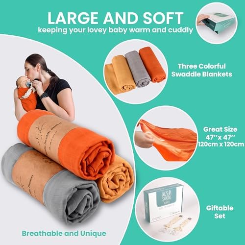 3-Pack Muslin Swaddle Blankets - Neutral Unisex for Newborns