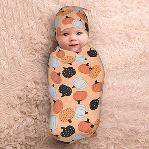 Halloween Pumpkin Swaddle Blanket with Beanie Hat for Newborns