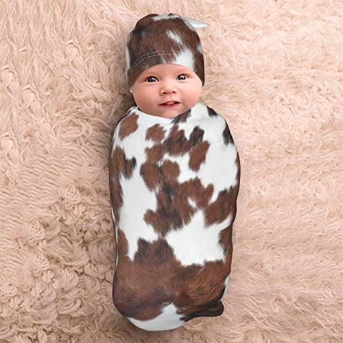 Brown Cow Print Swaddle Blanket with Hat for Newborns