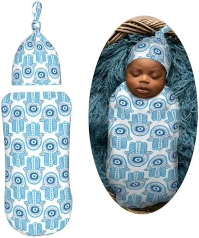 Muishi Hamsa Hand Evil Eye Swaddle Blanket Hat Set