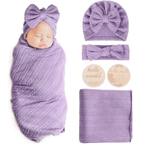 AQOKKA Newborn Swaddle Blanket Set with Hat and Wooden Sign