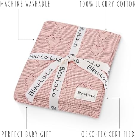 Bleu La La Swaddling Blanket for Girls - Pink Heart Cotton Knit Blanket