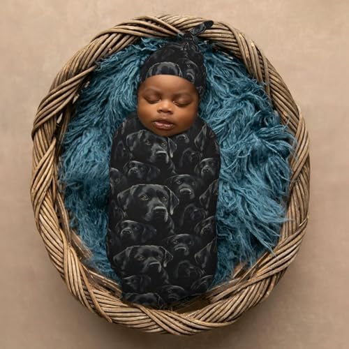 Muishi Black Labrador Swaddle Blanket and Hat Set