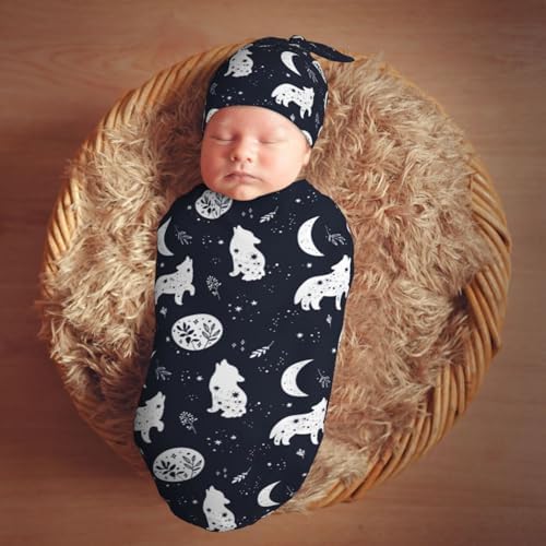 Boho Wolf Newborn Swaddle Blanket Hat Set