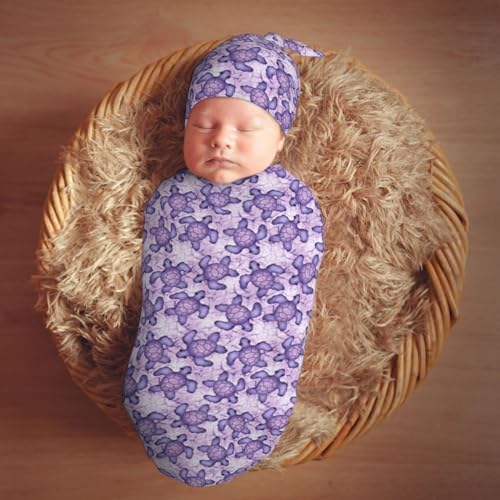 Muishi Purple Sea Turtle Swaddle Blanket Hat Set