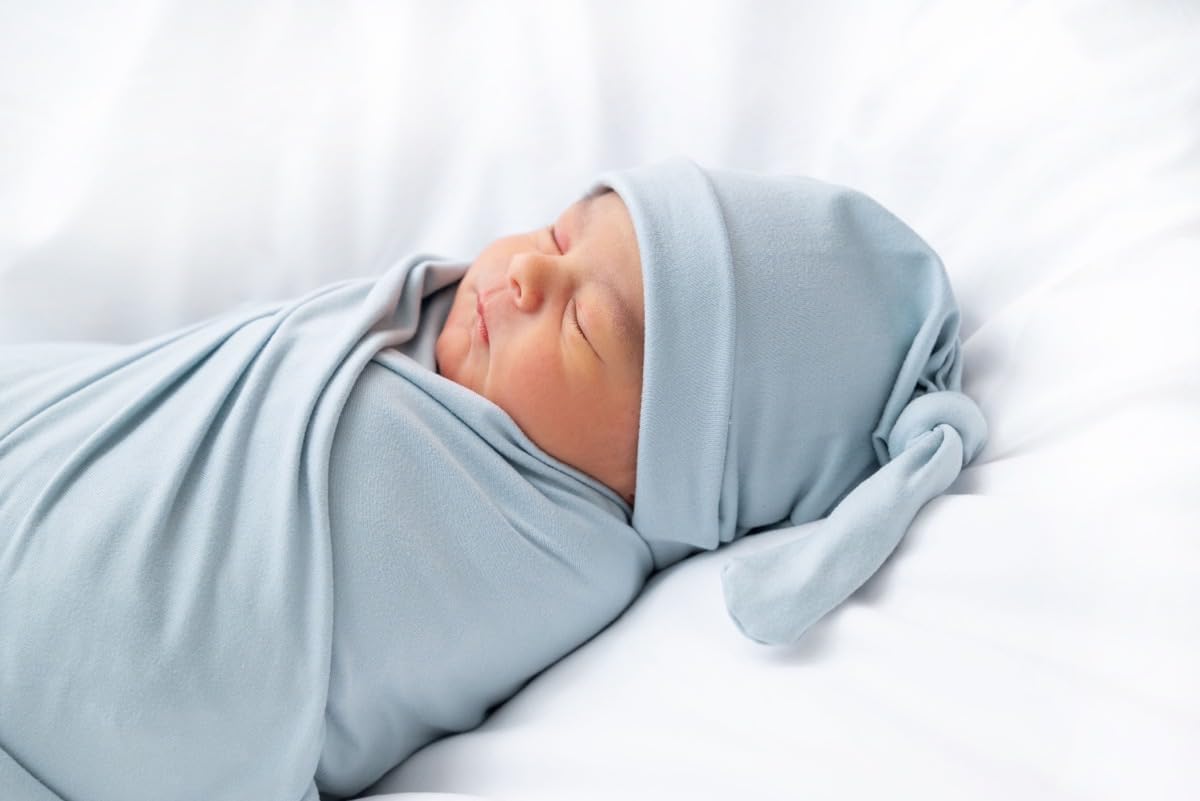 Aijoviko Newborn Swaddle Blanket with Hat Set Baby Blue