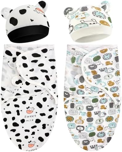 2 Pack Preemie Baby Swaddle Blanket with Cow Hat Set