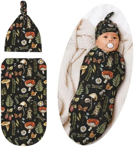 Qwalnely Mushroom Swaddling Blanket with Hat for Newborn