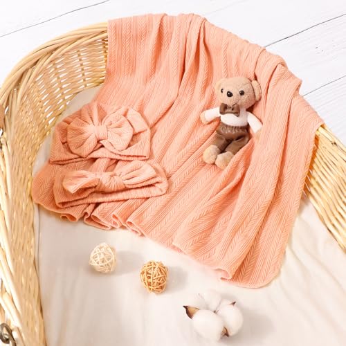 AQOKKA Newborn Swaddle Blanket with Bow Hat and Wooden Card 1