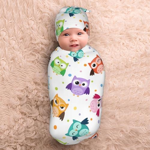 Cute Owls Swaddle Blanket Set with Beanie Hat for Newborn 1