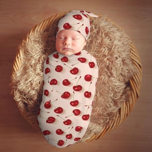 Red Cherrys Pattern Newborn Swaddle Blanket Hat Set