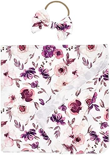 Baby Swaddle Blanket with Headband Set Purple Flowers