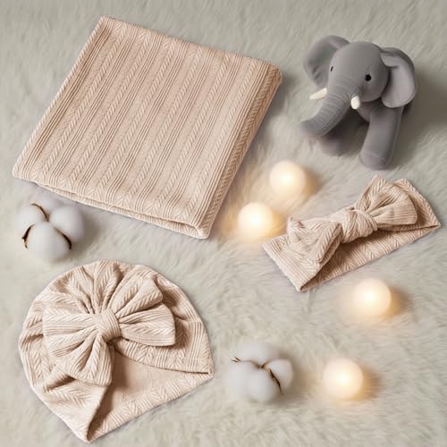 Golener Baby Swaddle Set - Swaddling Blankets Bow Hat Headband Birth Cards