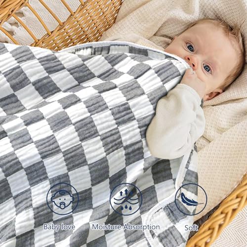BEILIMU 6-Layer Muslin Swaddle Blanket 43x43 Inches Grey Checkered