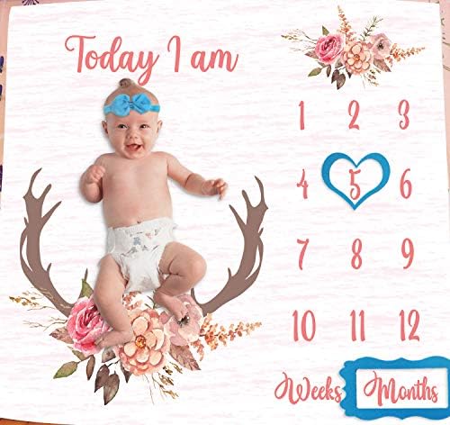 PHMOJEN Monthly Milestone Blanket for Baby Girl Pink Deer Antler Flowers
