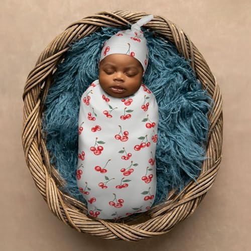 Small Red Cherries Swaddle Blanket Hat Set for Newborns