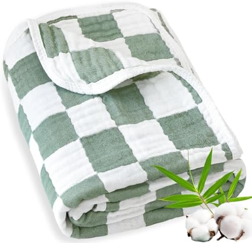 BEILIMU Muslin Baby Blanket 43x43 Inches Sage Green Checkerboard Swaddle Blanket