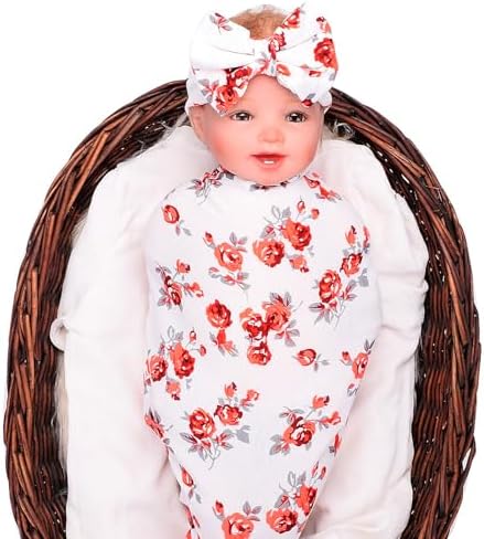 Newborn Swaddle Blanket with Headband for 0-3 Month Baby Red