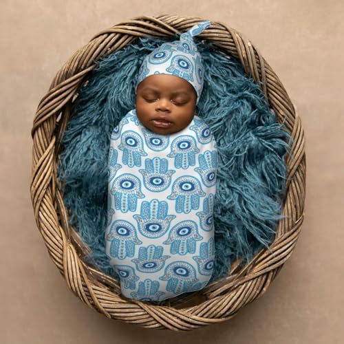 Muishi Hamsa Hand Evil Eye Swaddle Blanket Hat Set
