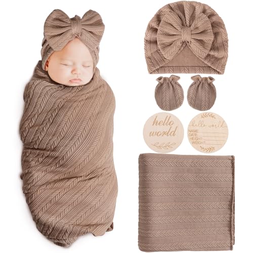 AQOKKA Newborn Swaddle Blanket with Bow Hat Mittens Set 1