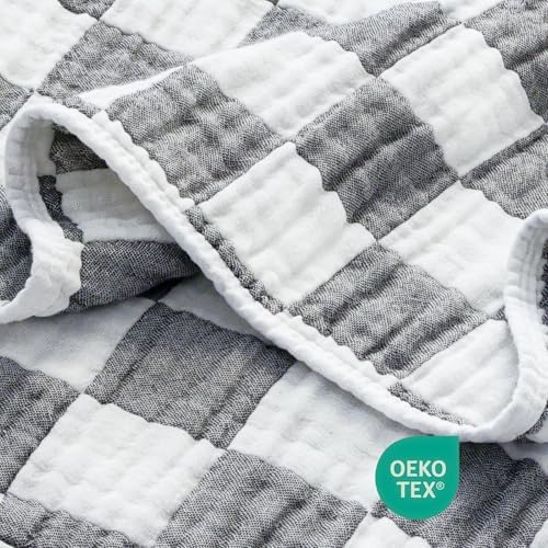 BEILIMU 6-Layer Muslin Swaddle Blanket 43x43 Inches Grey Checkered