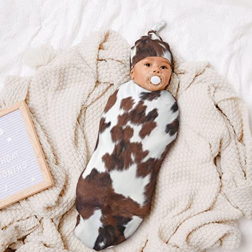 Brown Cow Print Swaddle Blanket with Hat for Newborns
