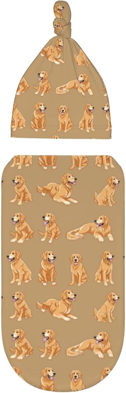 Funny Cute Golden Retriever Swaddle Blanket and Beanie Hat Set
