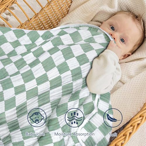BEILIMU Muslin Baby Blanket 43x43 Inches Sage Green Checkerboard Swaddle Blanket