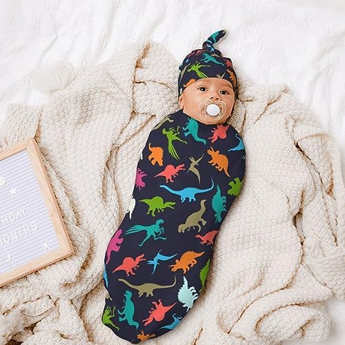 WELBB Dinosaur Swaddle Blanket Beanie Set for Newborns