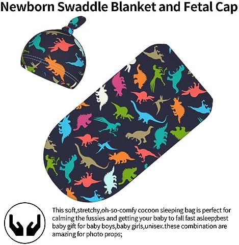 WELBB Dinosaur Swaddle Blanket Beanie Set for Newborns