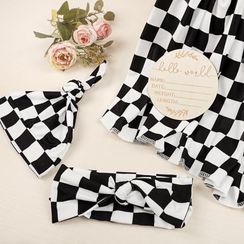TANOFAR 4-Pack Swaddle Blanket with Headband and Beanie Set Black Checkerboard
