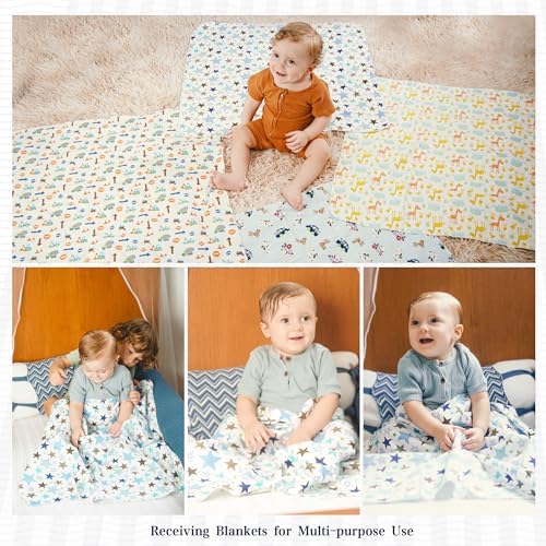 Omilion Receiving Blanket 4 Pack - 30x30 Flannel Cotton Blankets with Washcloths