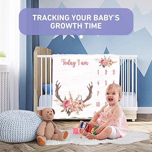 PHMOJEN Monthly Milestone Blanket for Baby Girl Pink Deer Antler Flowers