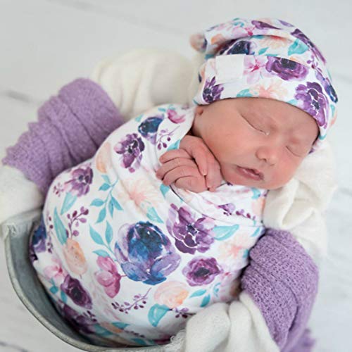 Terriboo Newborn Floral Print Swaddle Blanket with Headband and Beanie