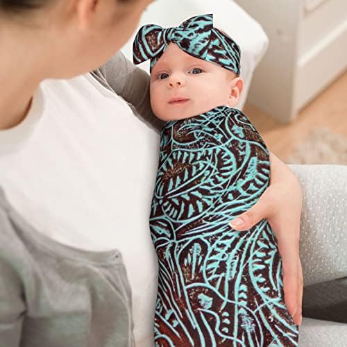 ZEYUANKA Country Teal Brown Western Swaddle Blanket Set with Headband