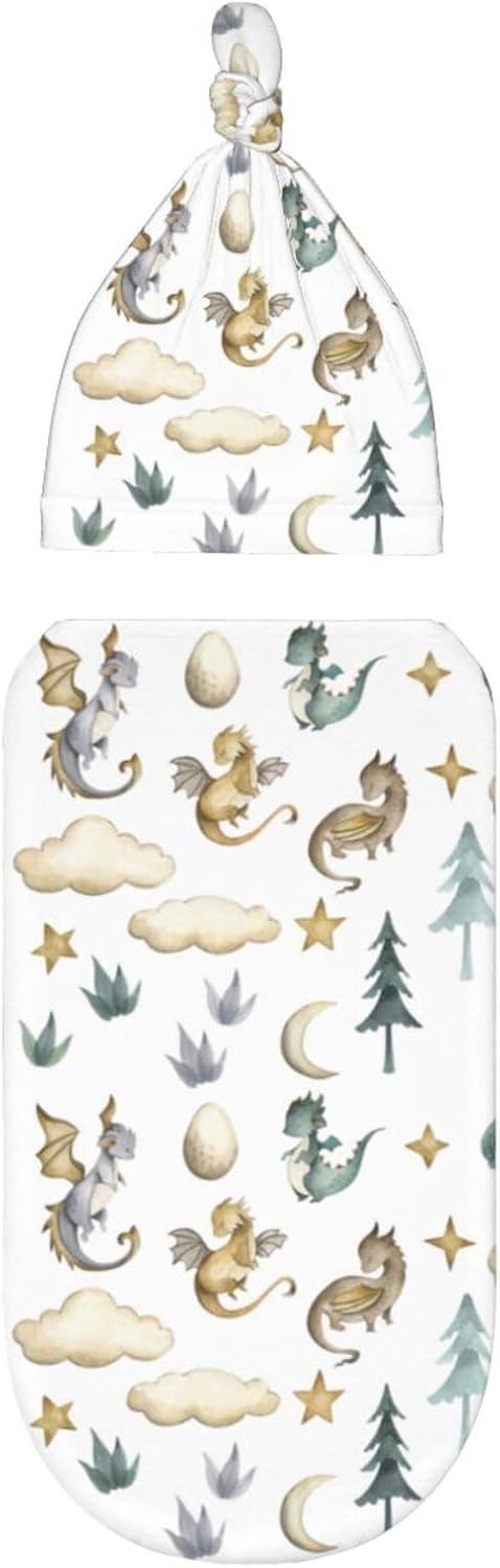 Sozzjile Dragon Print Swaddle Blanket with Beanie Set 1