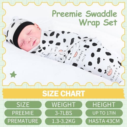 2 Pack Preemie Baby Swaddle Blanket with Cow Hat Set