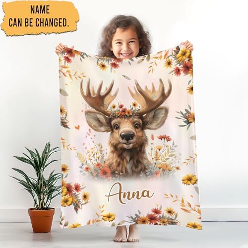 Hyturtle Personalized Moose Blanket - Custom Name Baby Fleece Throw
