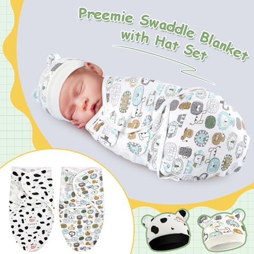 2 Pack Preemie Baby Swaddle Blanket with Cow Hat Set
