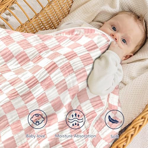 BEILIMU Muslin Swaddle Blanket 43x43in Light Pink Chessboard