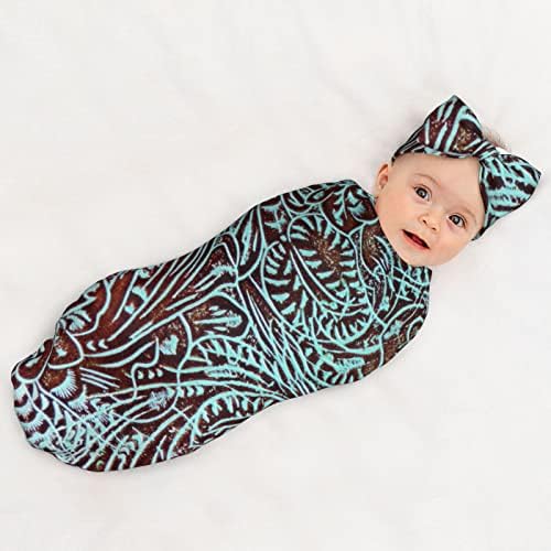 ZEYUANKA Country Teal Brown Western Swaddle Blanket Set with Headband