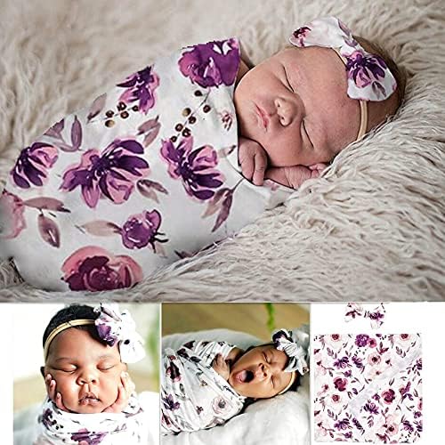 Baby Swaddle Blanket with Headband Set Purple Flowers