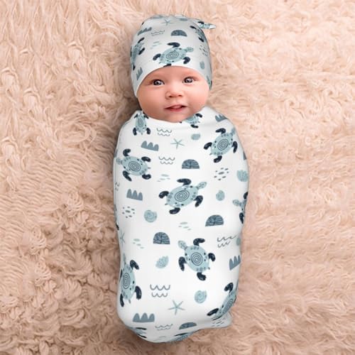 Lcokin Sea Turtle Baby Swaddle Set with Beanie Hat